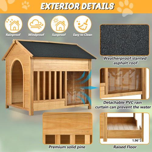 60.2 Large Wooden Dog House With Porch, Cabin Style Dog Crate With Asphalt Roof And Elevated Floor, Dog Kennel With Side Window And Doors, Perfect For Medium & Large Dogs, Nature